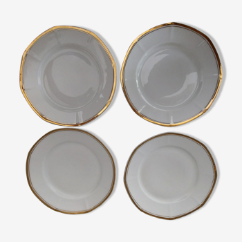 Set of 4 plates & serving dish, white with golden border