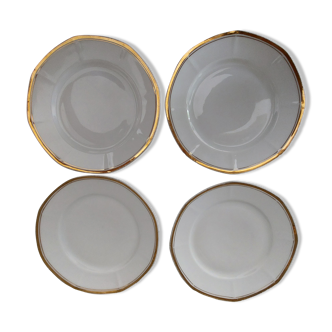 Set of 4 plates & serving dish, white with golden border