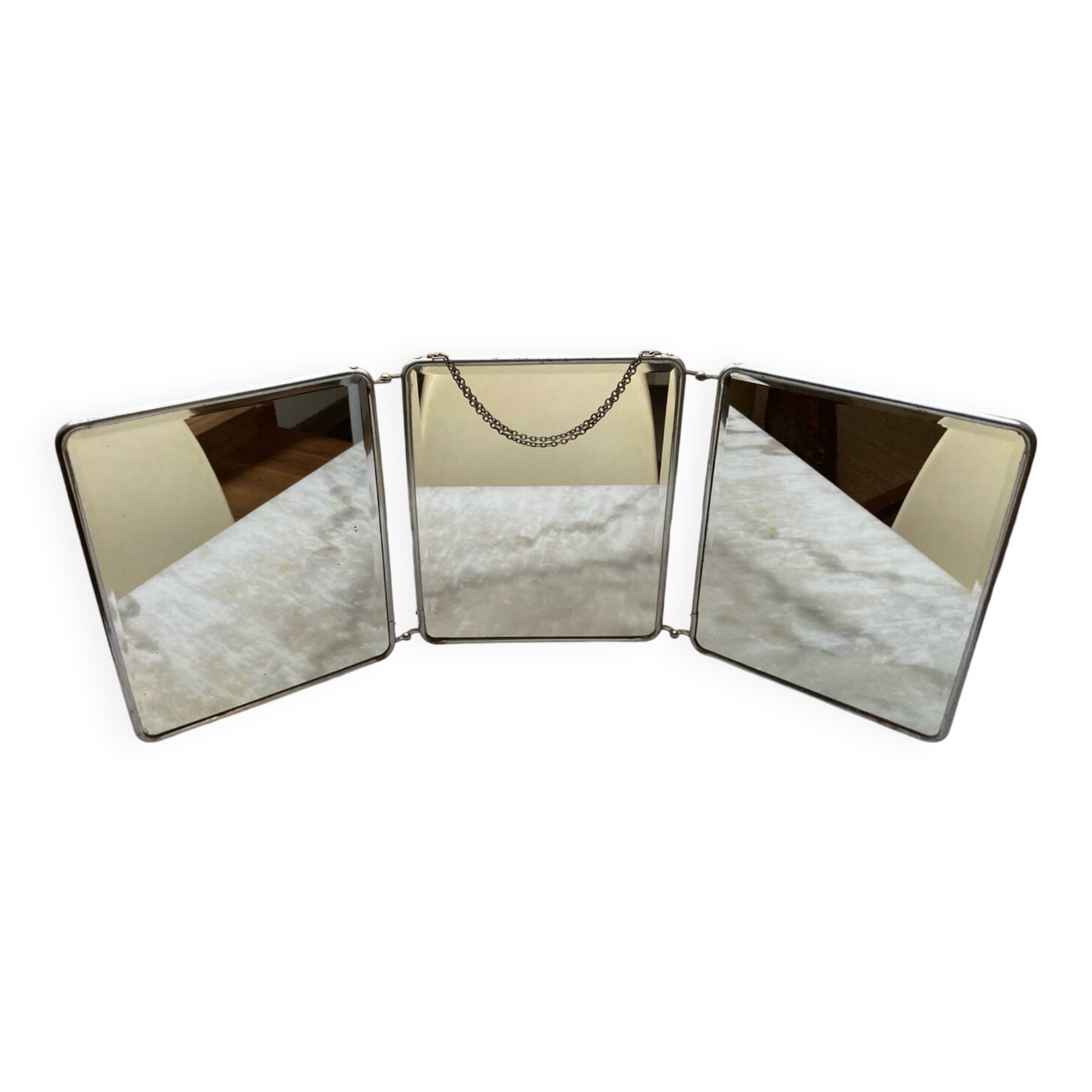 Vintage vertical beveled triptych barber mirror