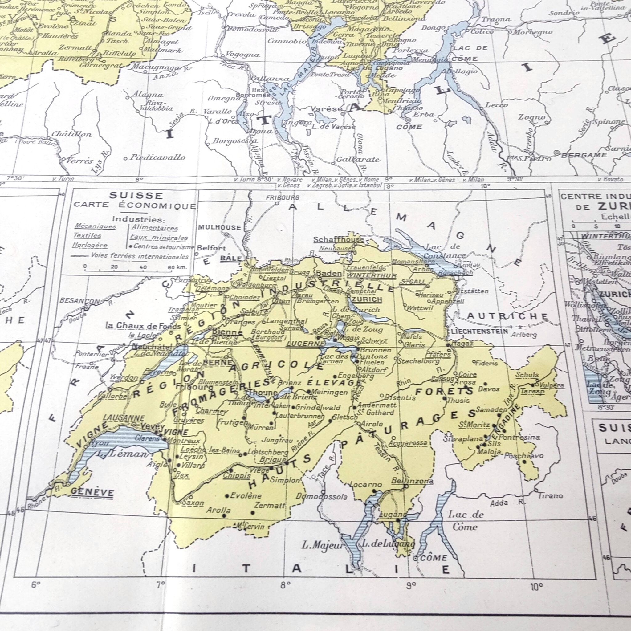 Vintage map of Switzerland in colour 43x43cm from 1950.