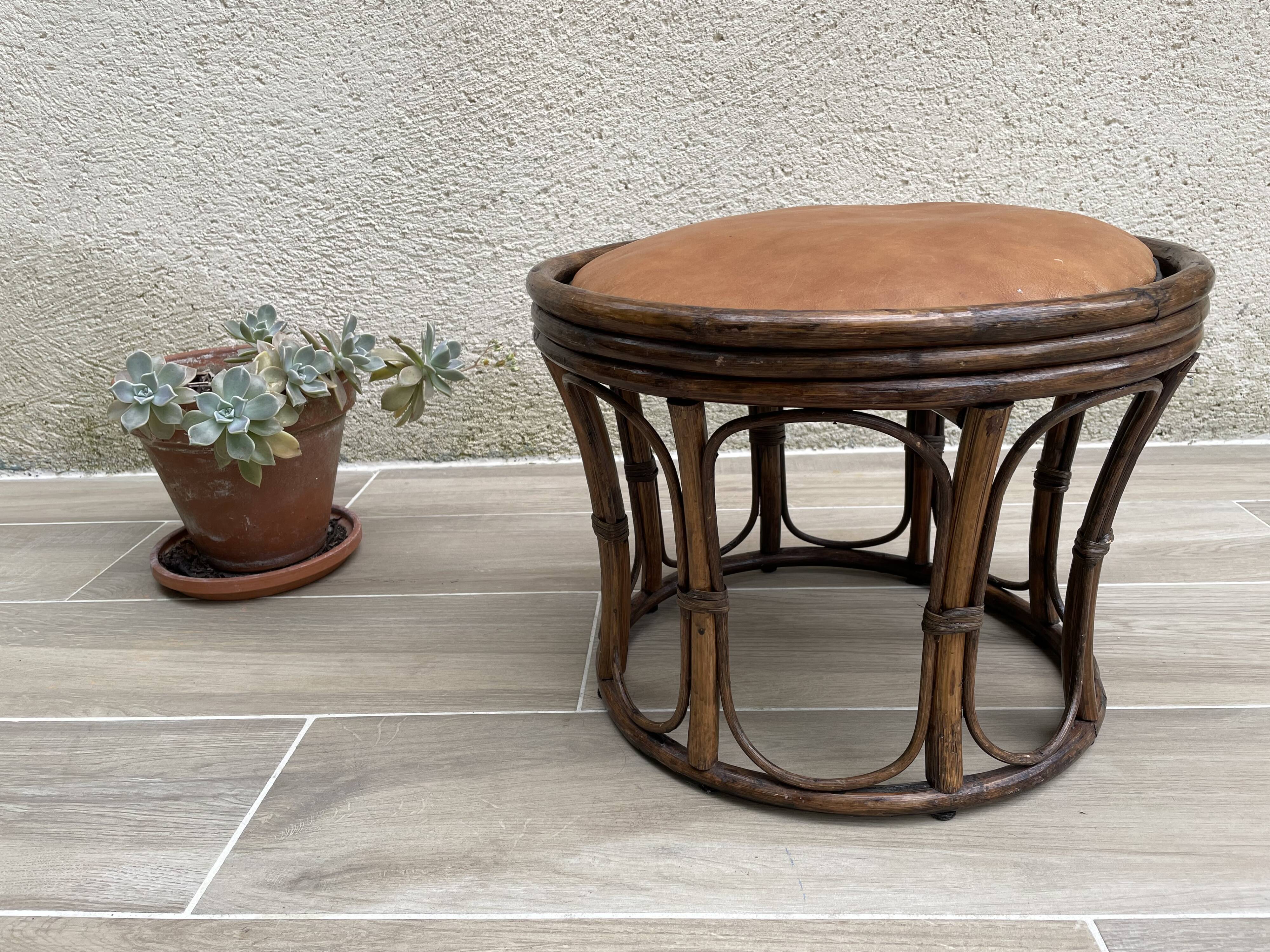 Pouf vintage rotin et cuir