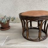 Vintage rattan and leather pouf