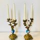 19th century candle holders in gilded bronze and porcelain