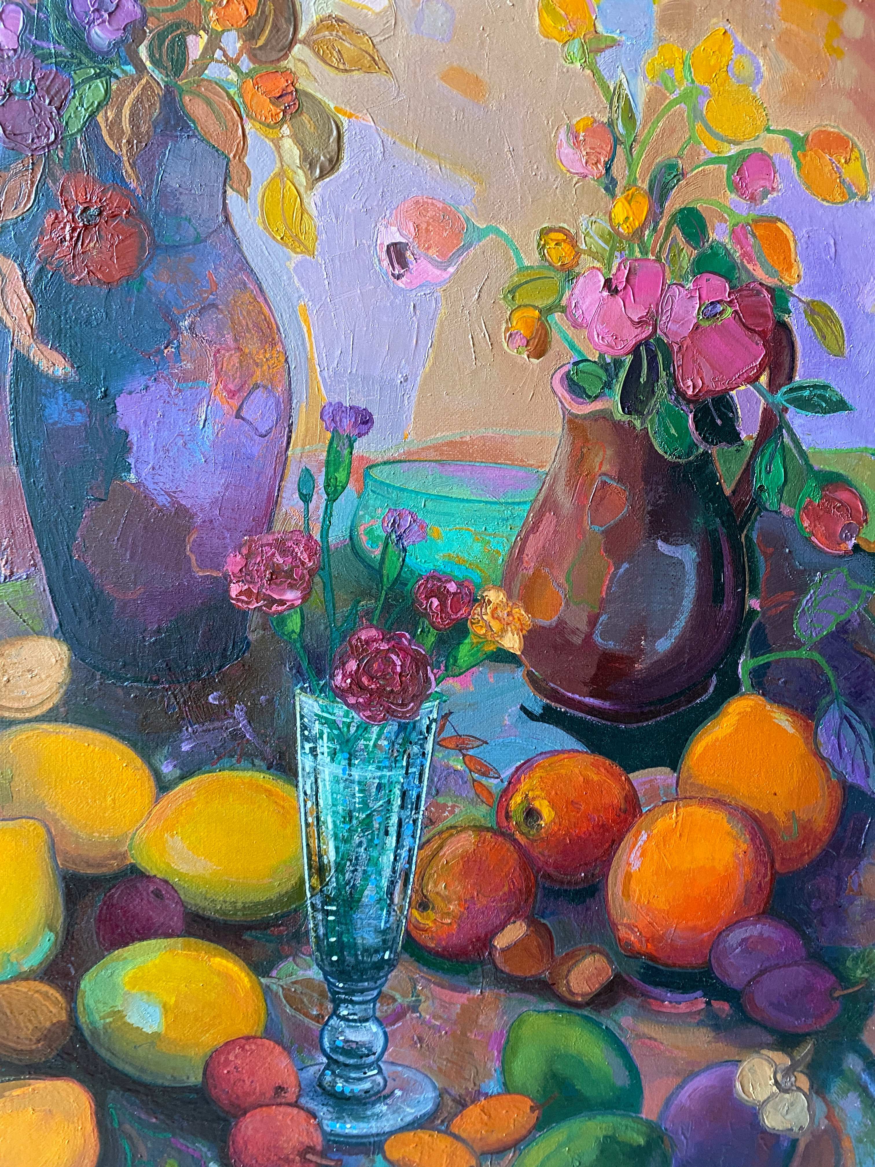 Painting "Still life with flowers and fruits" HST François Chanteclair born in 1942