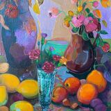 Painting "Still life with flowers and fruits" HST François Chanteclair born in 1942
