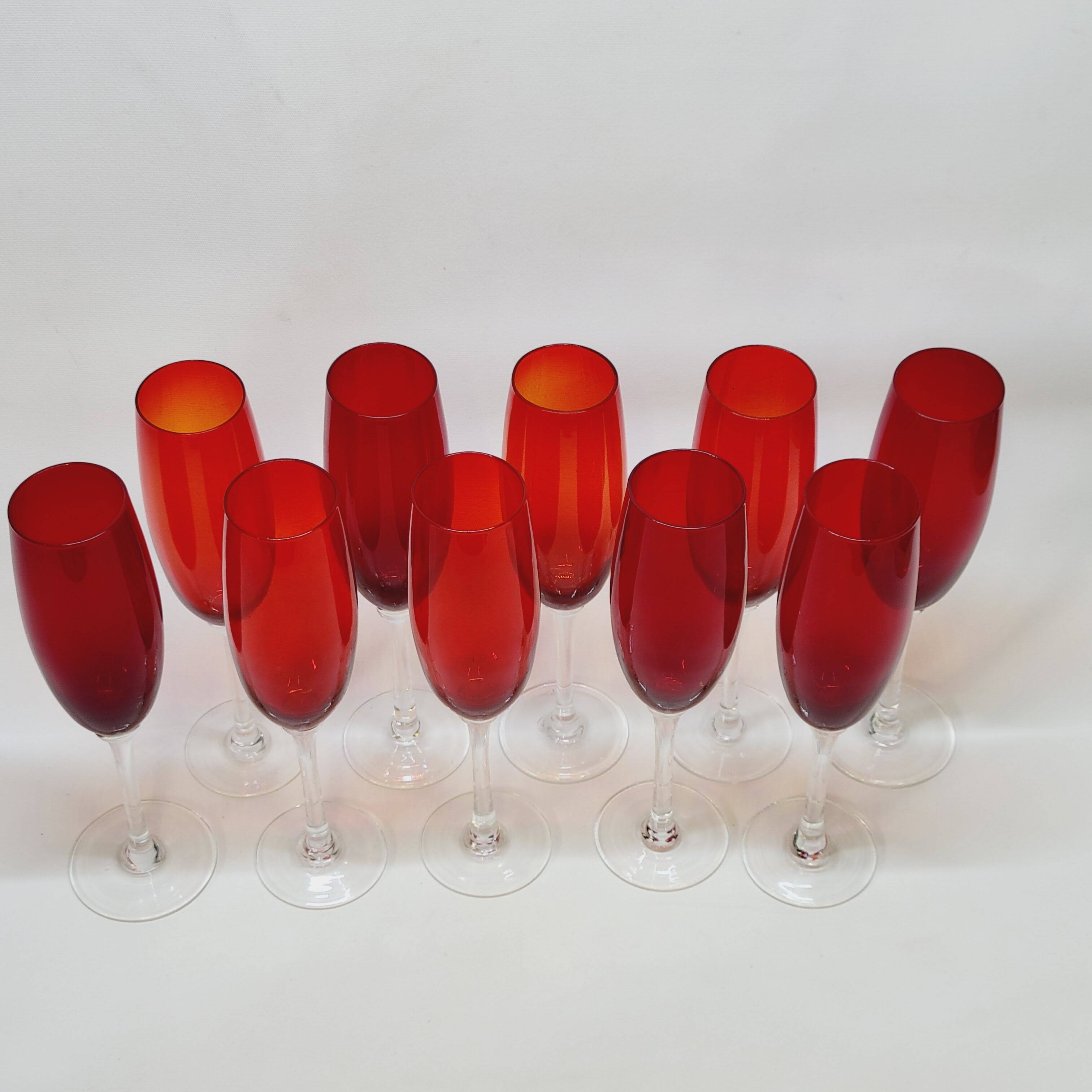 10 ruby red blown glass champagne flutes