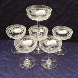 Six crystal champagne glasses engraved and chiseled