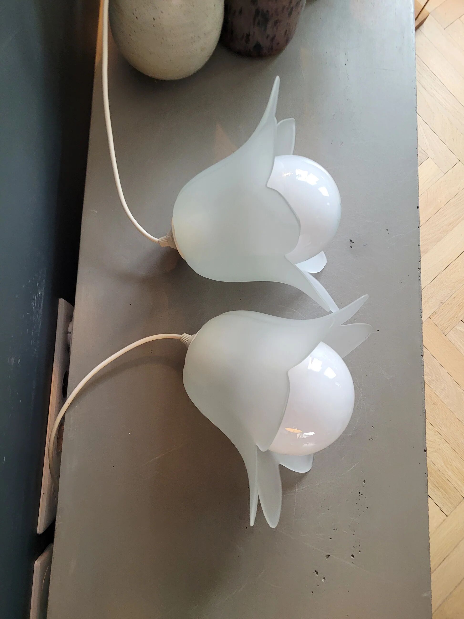 Pair of frosted glass flower pendant lights