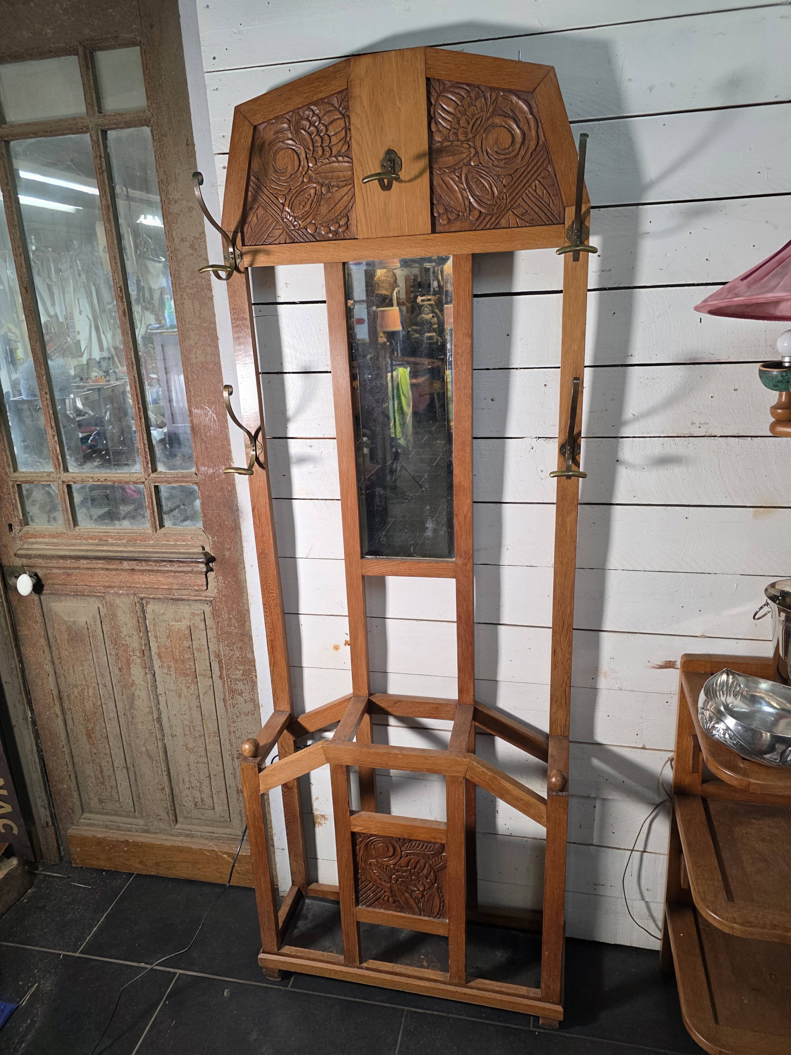 Art Deco coat rack wardrobe in solid oak
