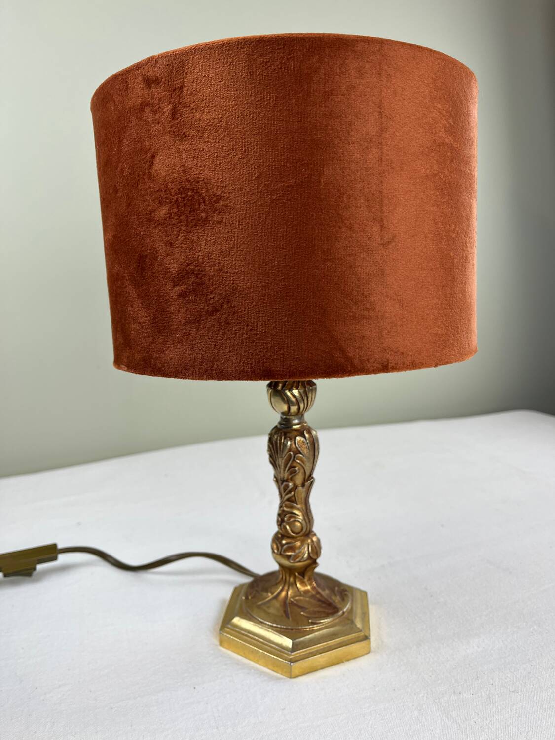Brass and velvet lamp