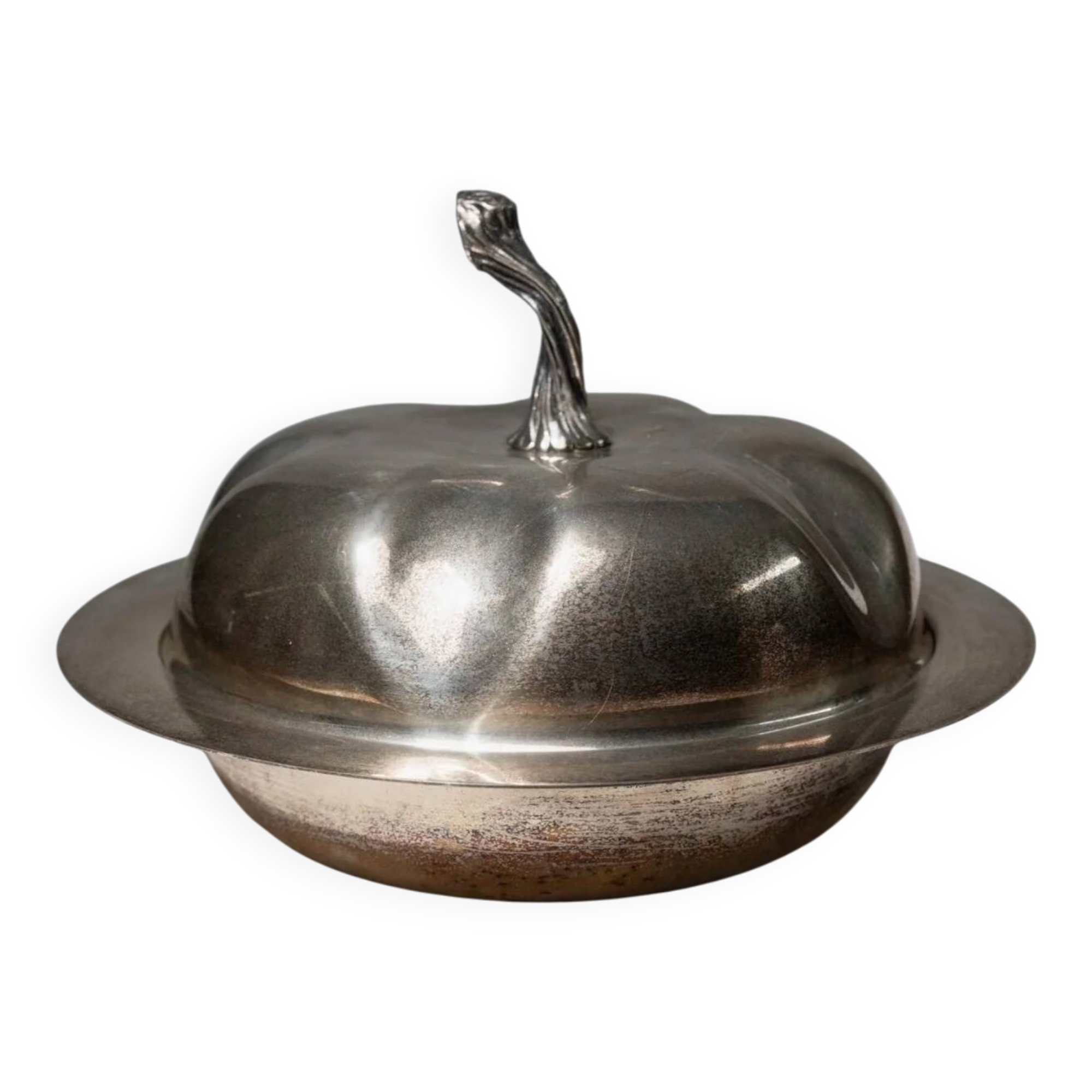 Silver-plated pumpkin-shaped bowl with lift-off lid, 1940s vintage centerpiece in metal