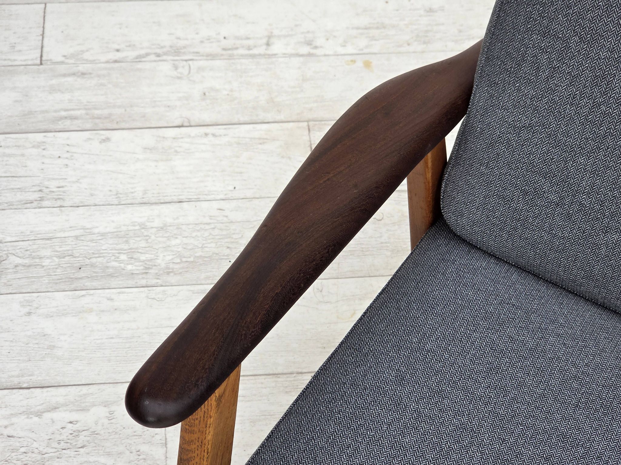 1970s, pair of Danish armchairs, reupholstered, furniture wool, teak, oak.