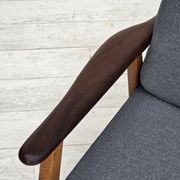 1970s, pair of Danish armchairs, reupholstered, furniture wool, teak, oak.