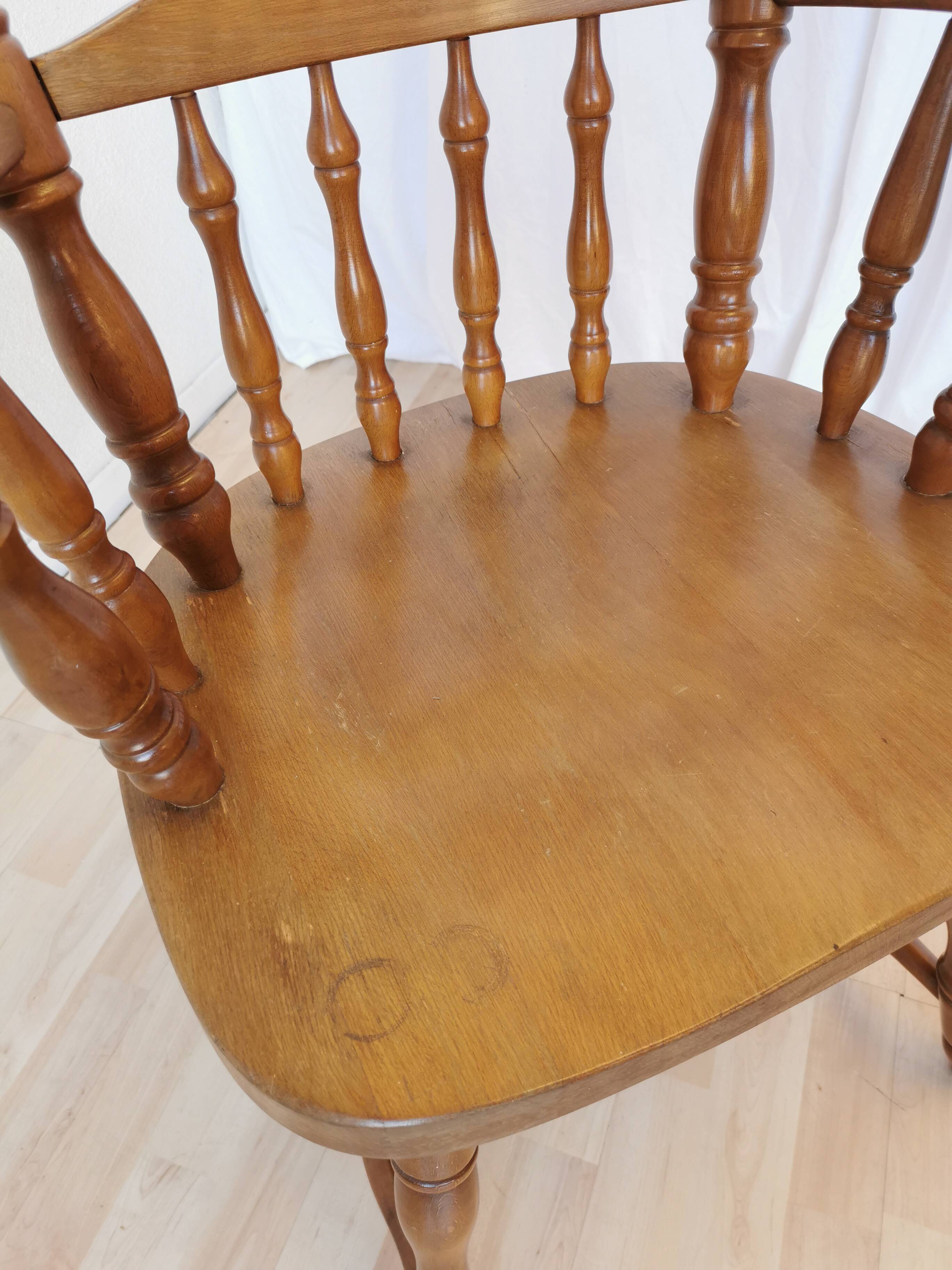 Vintage Beech Wood Windsor Dining Chair - 1970s Captains Armchair