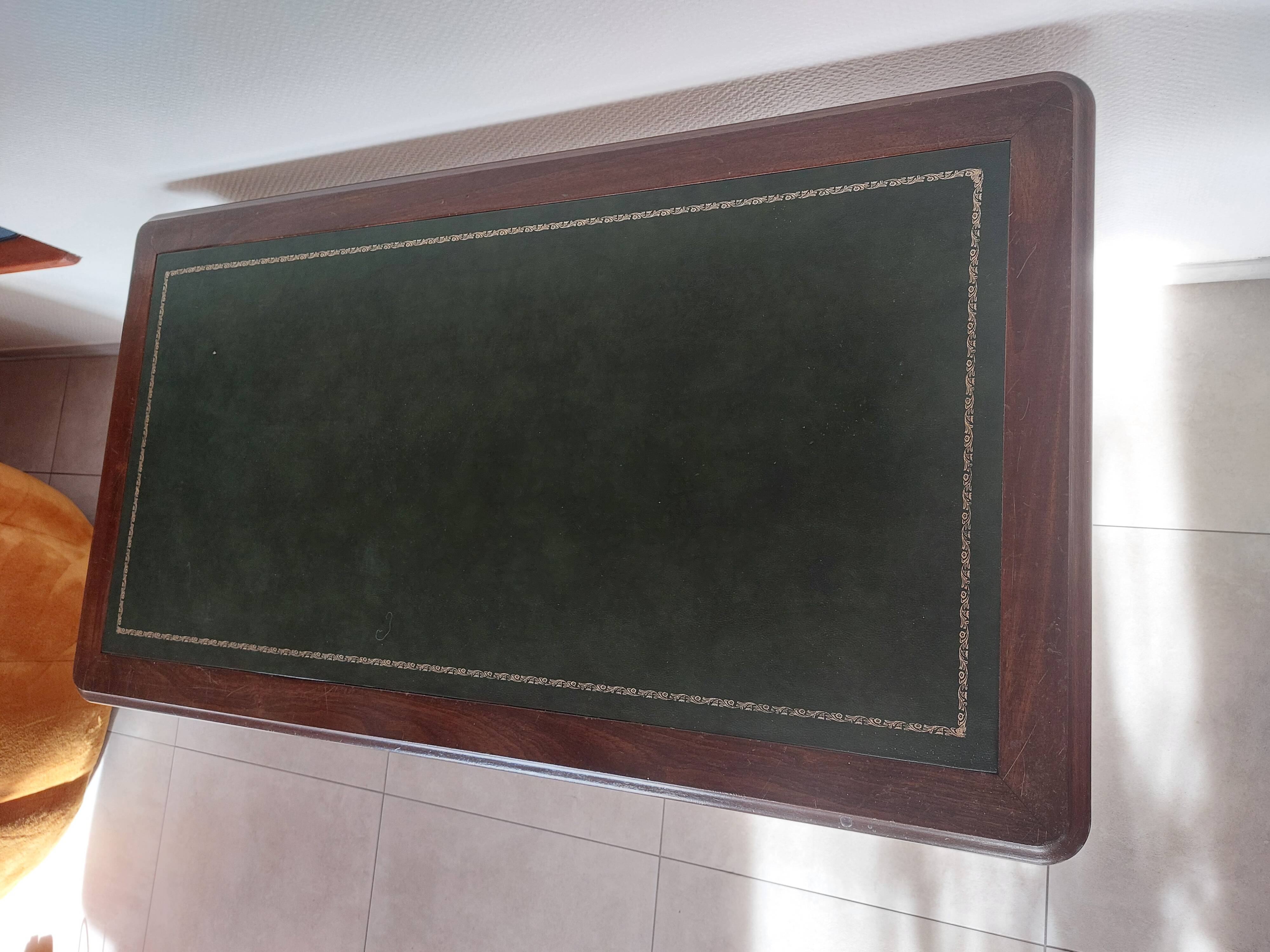 wooden desk, green leather top