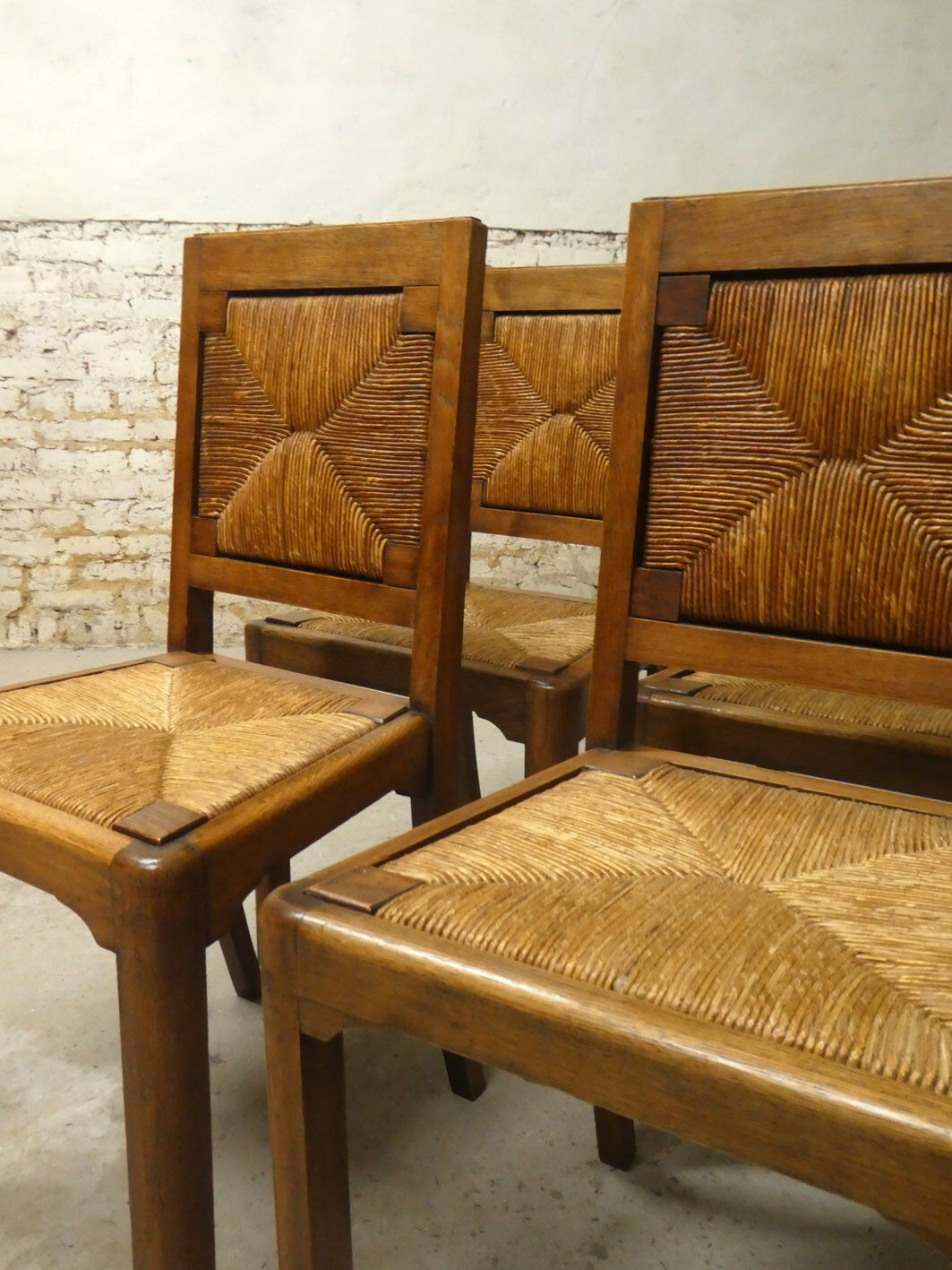 Set of 4 oak and straw chairs, 1950