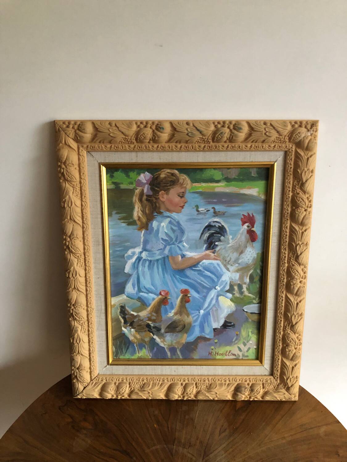 Oil on canvas young girl with chickens
