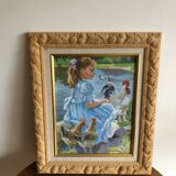 Oil on canvas young girl with chickens