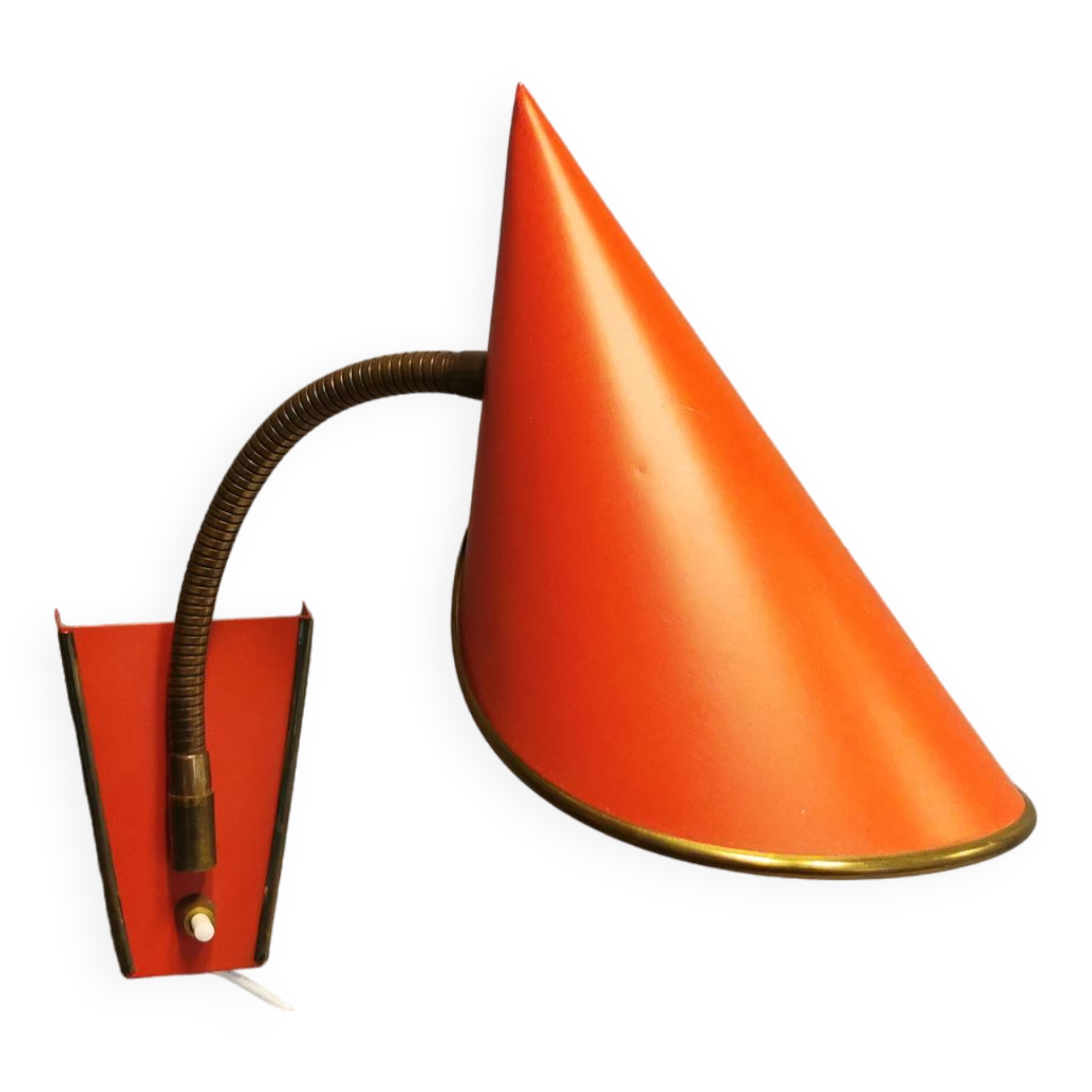 Danish red lacquered wall light with brass details. Estimated 1980s