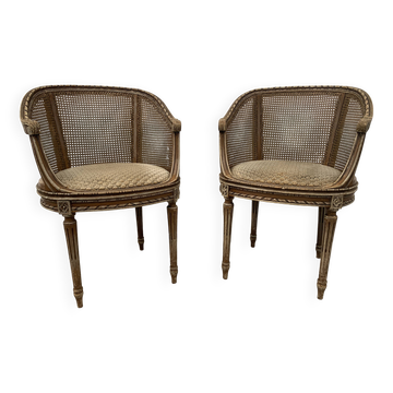 Pair of Louis XVI style basket armchairs in patinated beech, 20th century