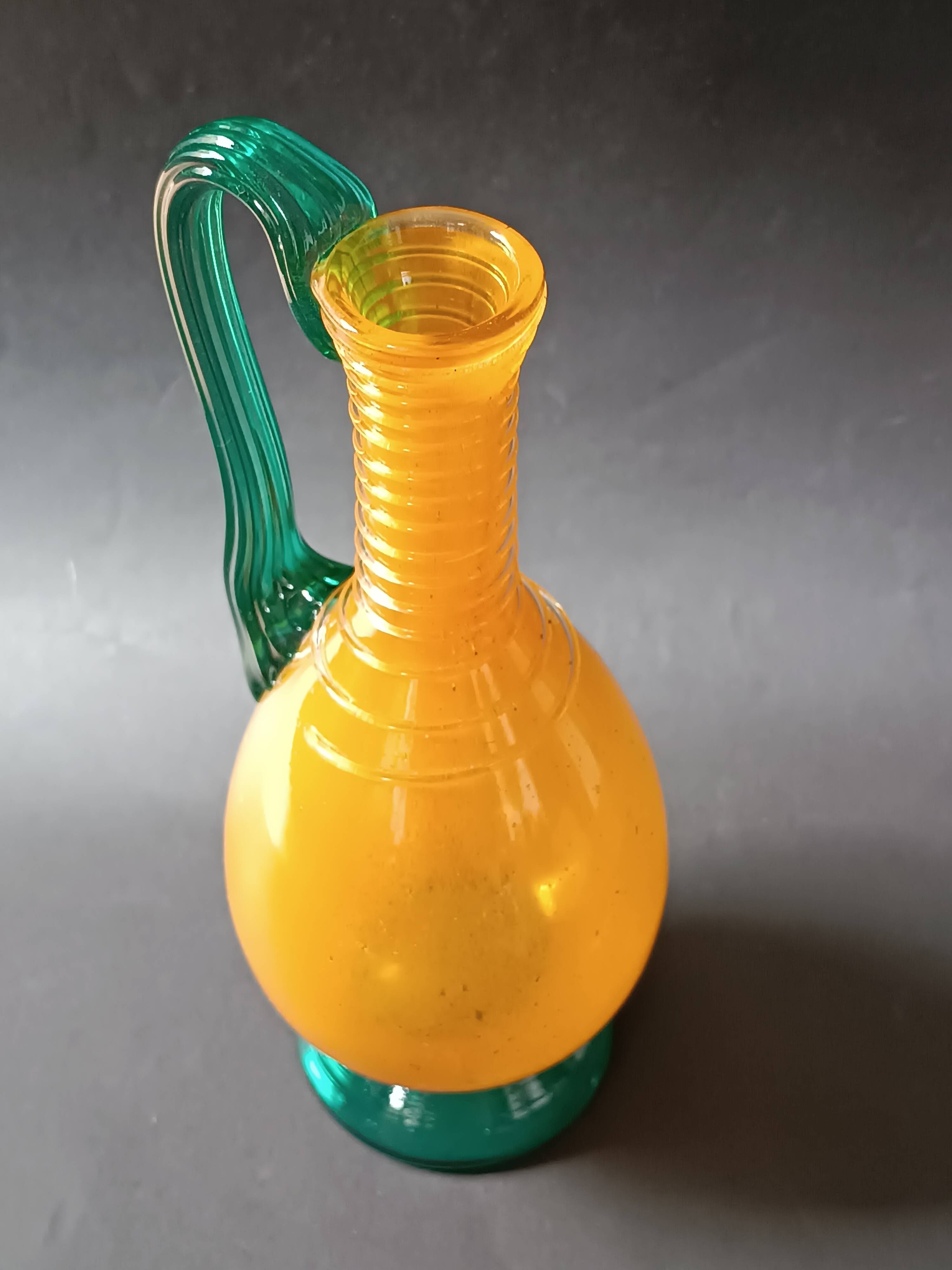 Vintage orange and green blown glass bottle, art glassware