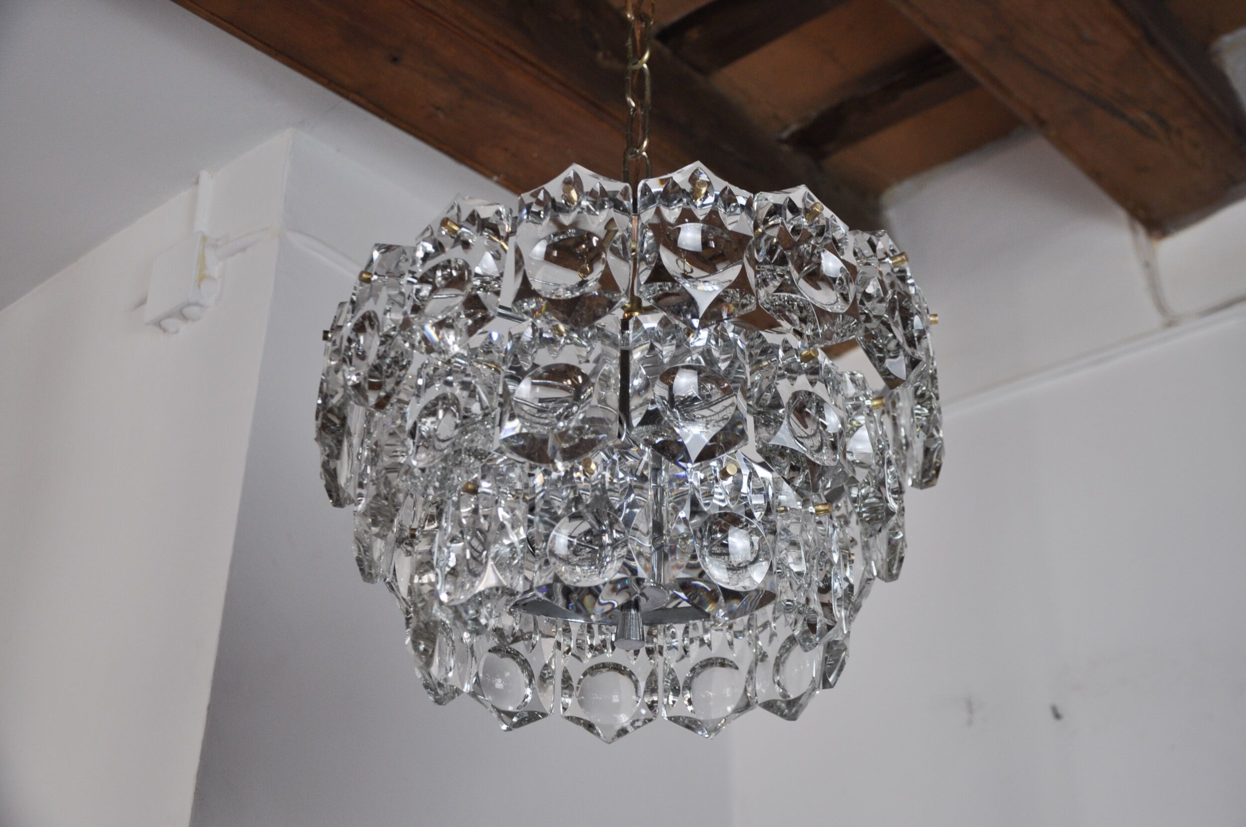 Golden Kinkeldey chandelier, cut glass, 3 levels, Germany, 1970