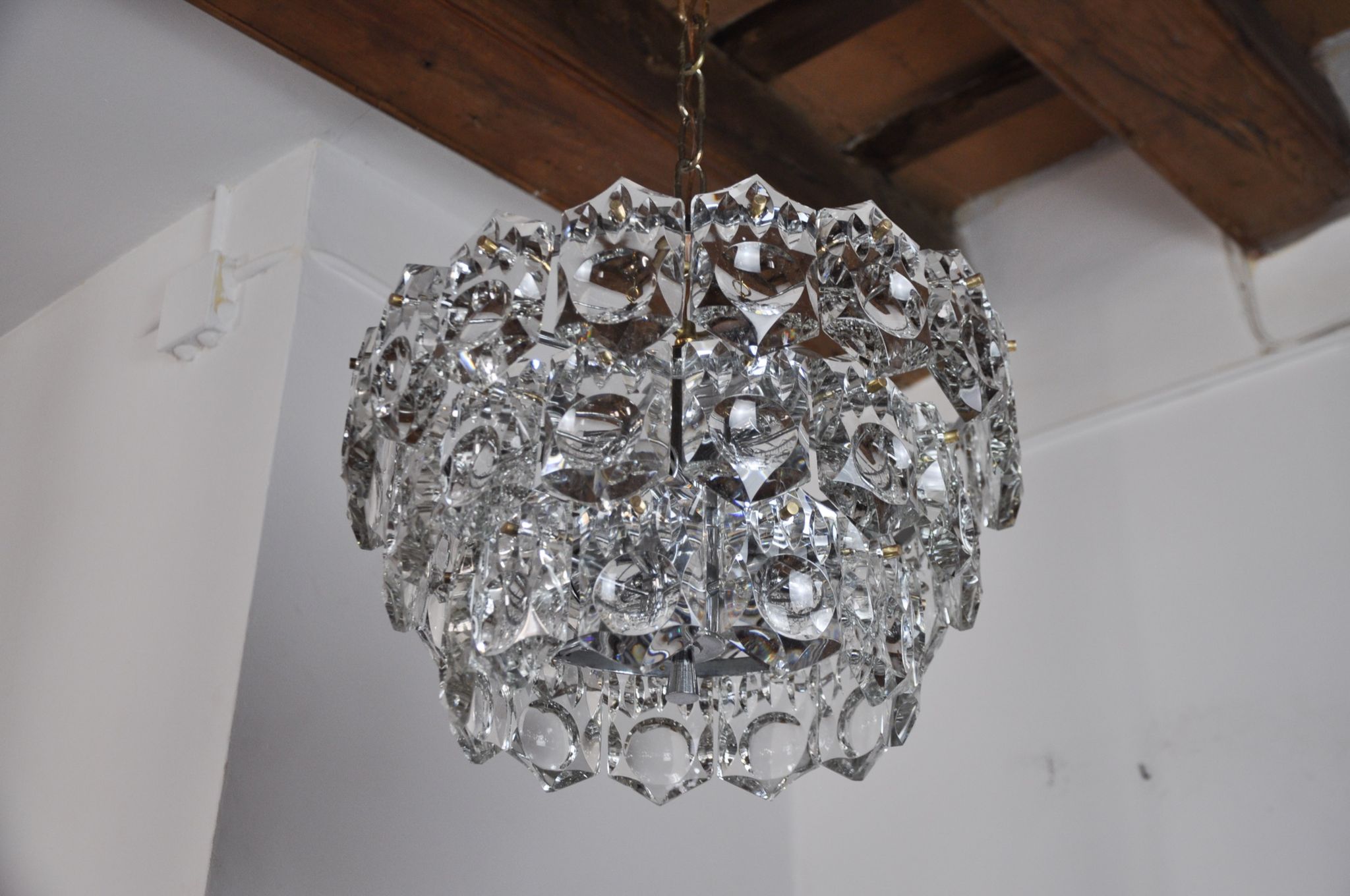 Golden Kinkeldey chandelier, cut glass, 3 levels, Germany, 1970