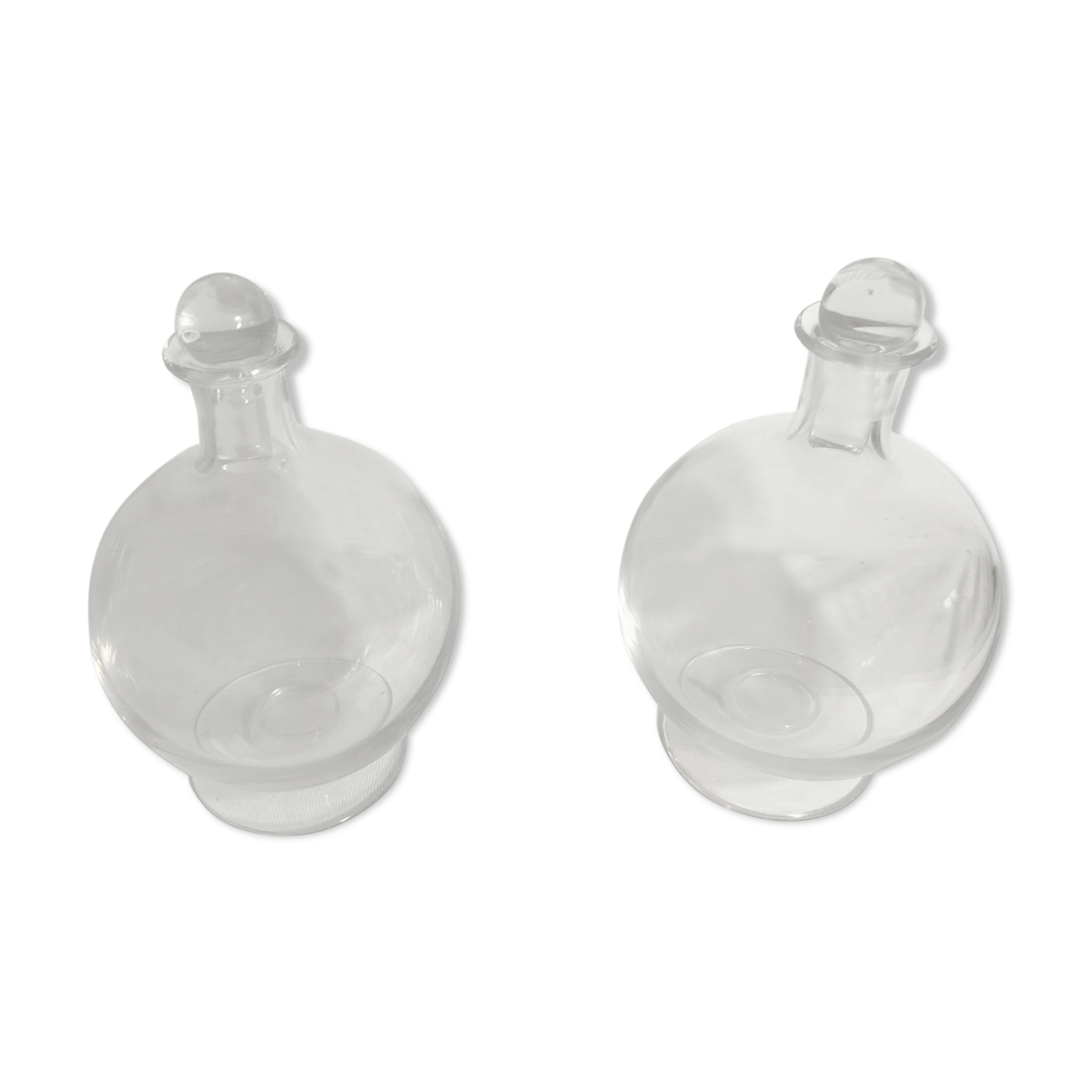 Pair Old Carafe Bombée Glass - Vintage Round Bouchon