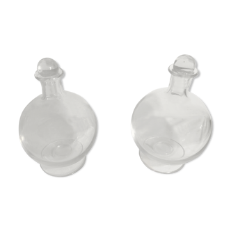 Pair Old Carafe Bombée Glass - Vintage Round Bouchon