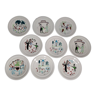 Ensemble de neuf assiettes à dessert en faïence de Pornic, mbfa, 19 cm, décor peint à la main