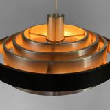 Multi layered "space age" pendant light in brushed aluminium with red light effect. Denmark 1960s