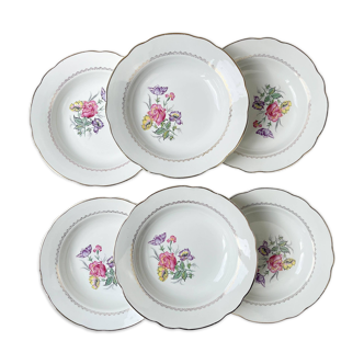 6 assiettes creuses porcelaine digoin & sarreguemines modèle rene made in france 1950