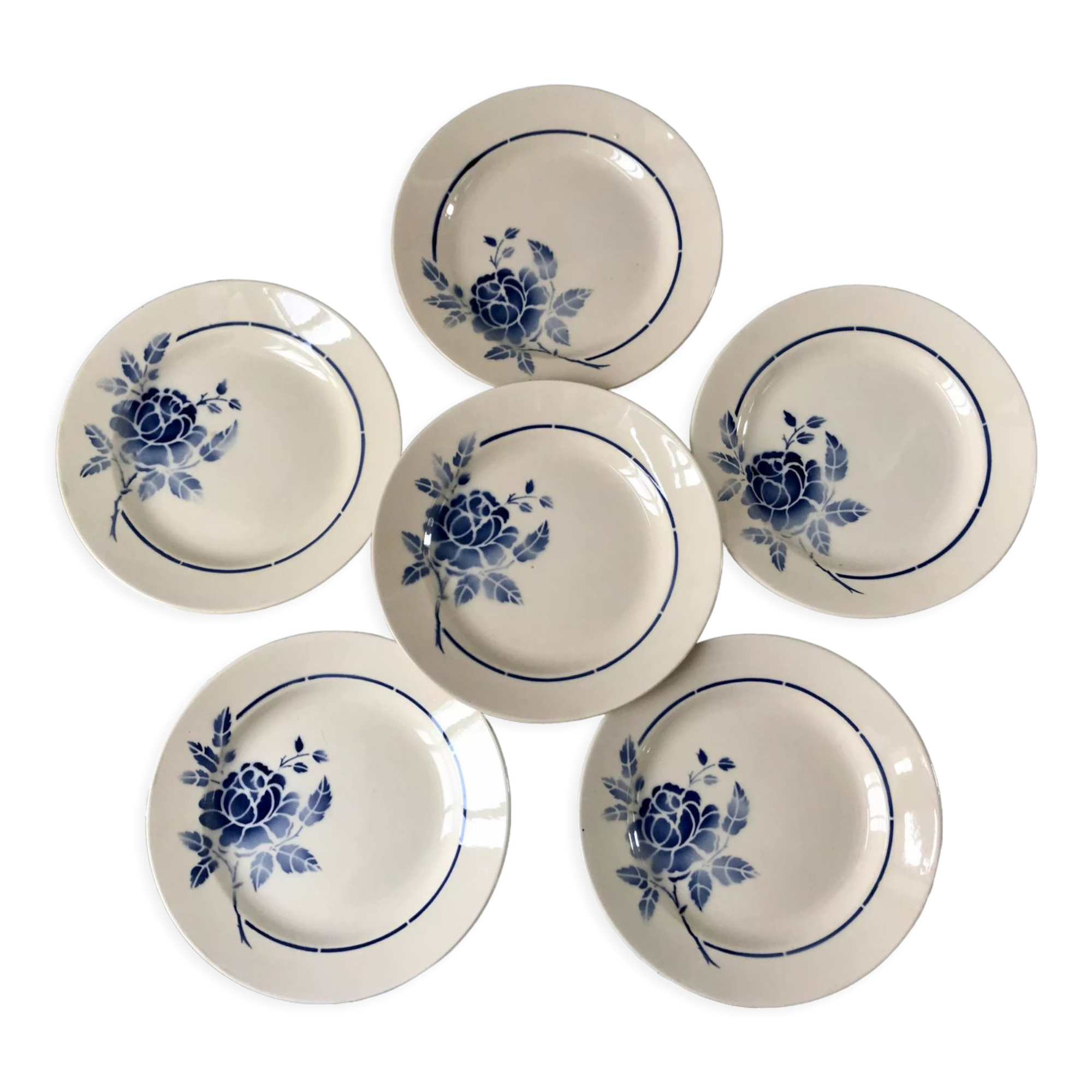 Set of 6 dessert plates blue flowers saint-amand 30s-40s