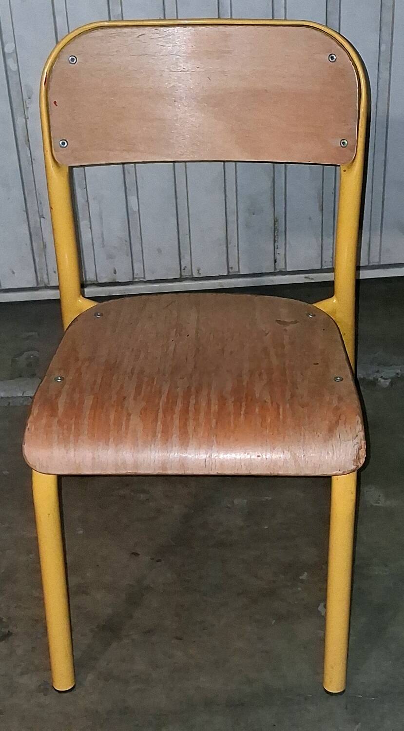 Pair of school chairs, wood and yellow metal, industrial decor.