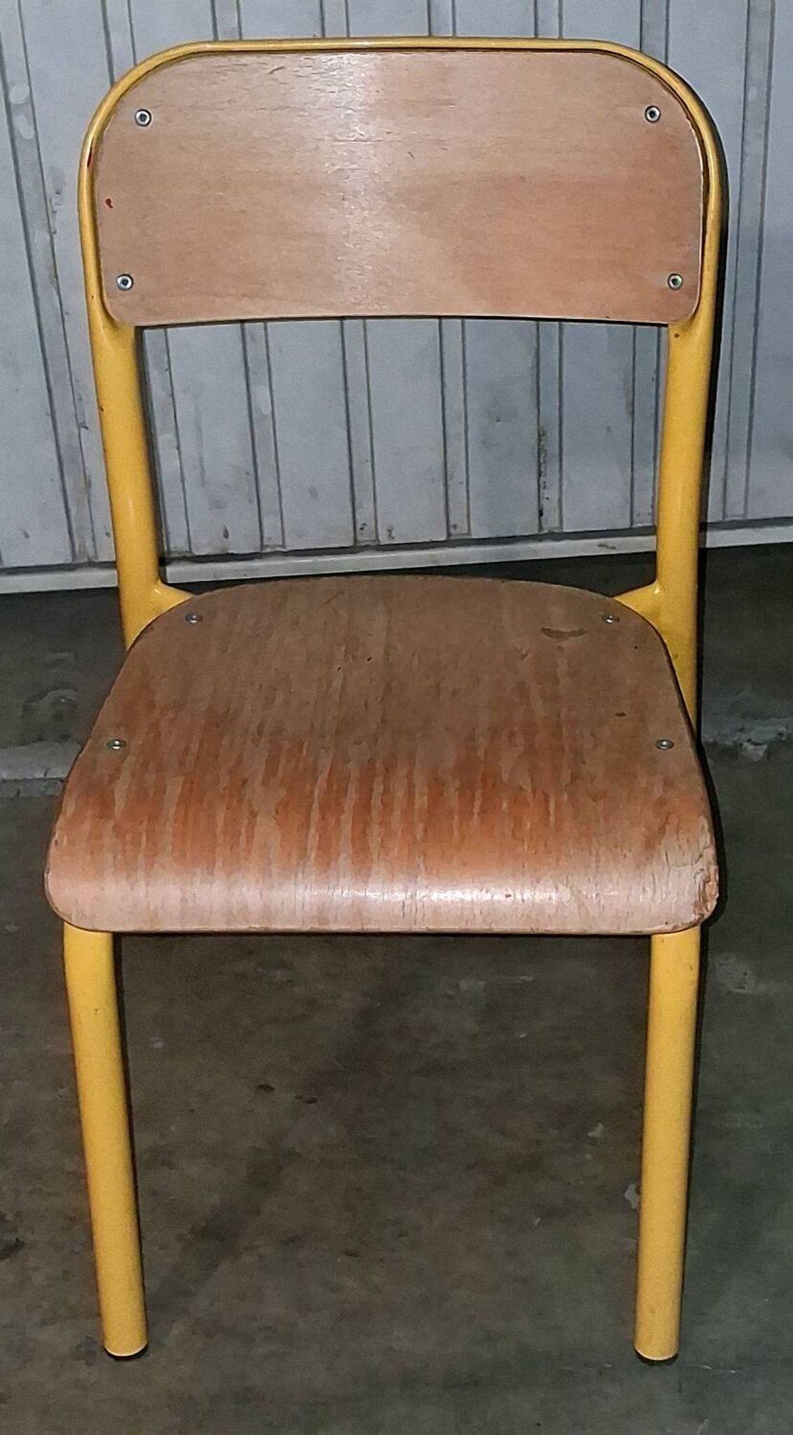 Pair of school chairs, wood and yellow metal, industrial decor.