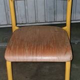Pair of school chairs, wood and yellow metal, industrial decor.