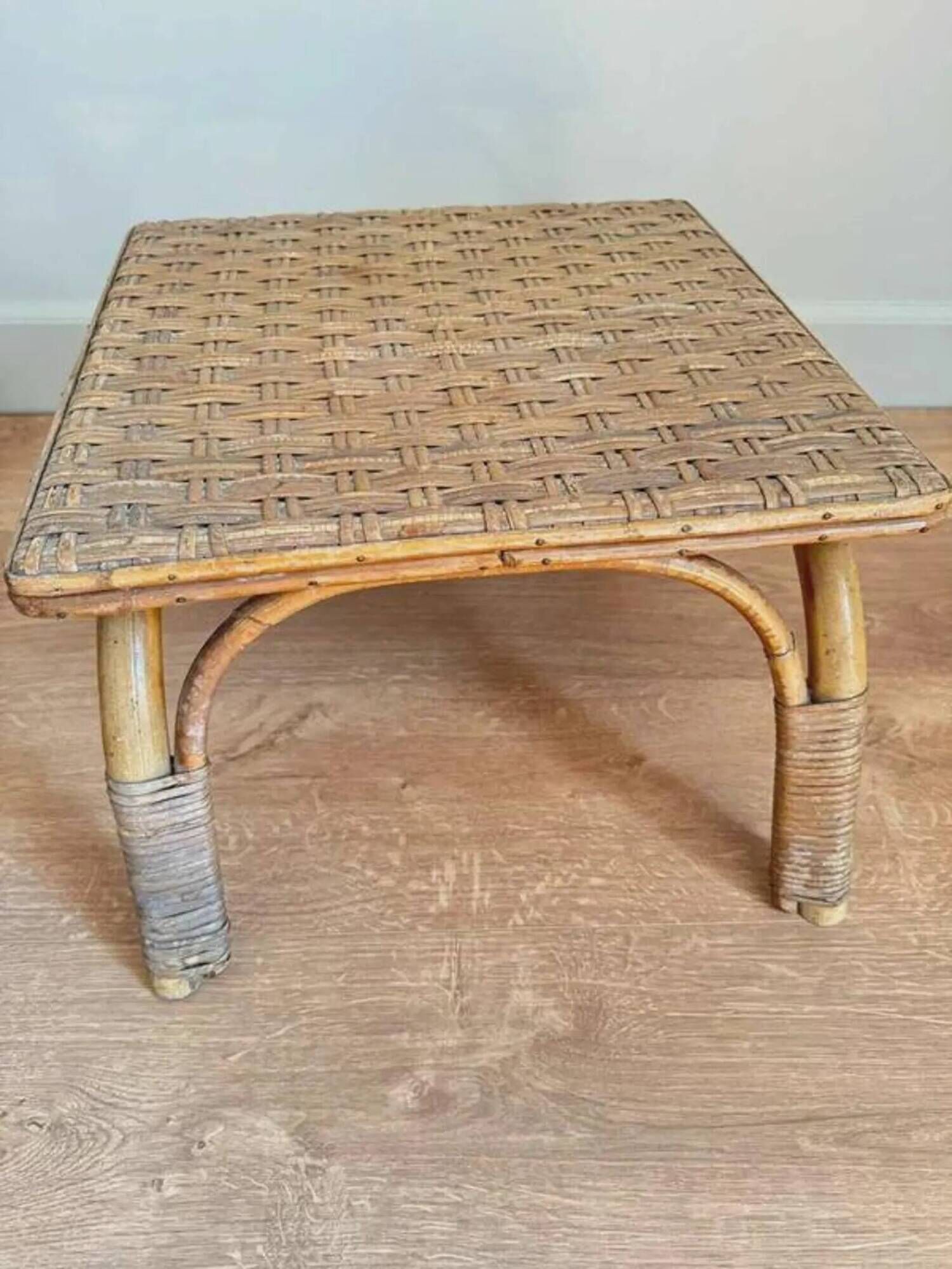 Small vintage 1960 woven rattan side table | Bohemian chic wicker end table, antique bamboo coffee table for the living room.