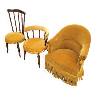 Set of three mustard velvet chairs / armchairs