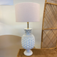 White lacquer pineapple lamp Hollywood regency with pink shade