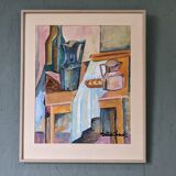 Mid-century modern swedish interior still life 'tabletop setting', vintage framed watercolour