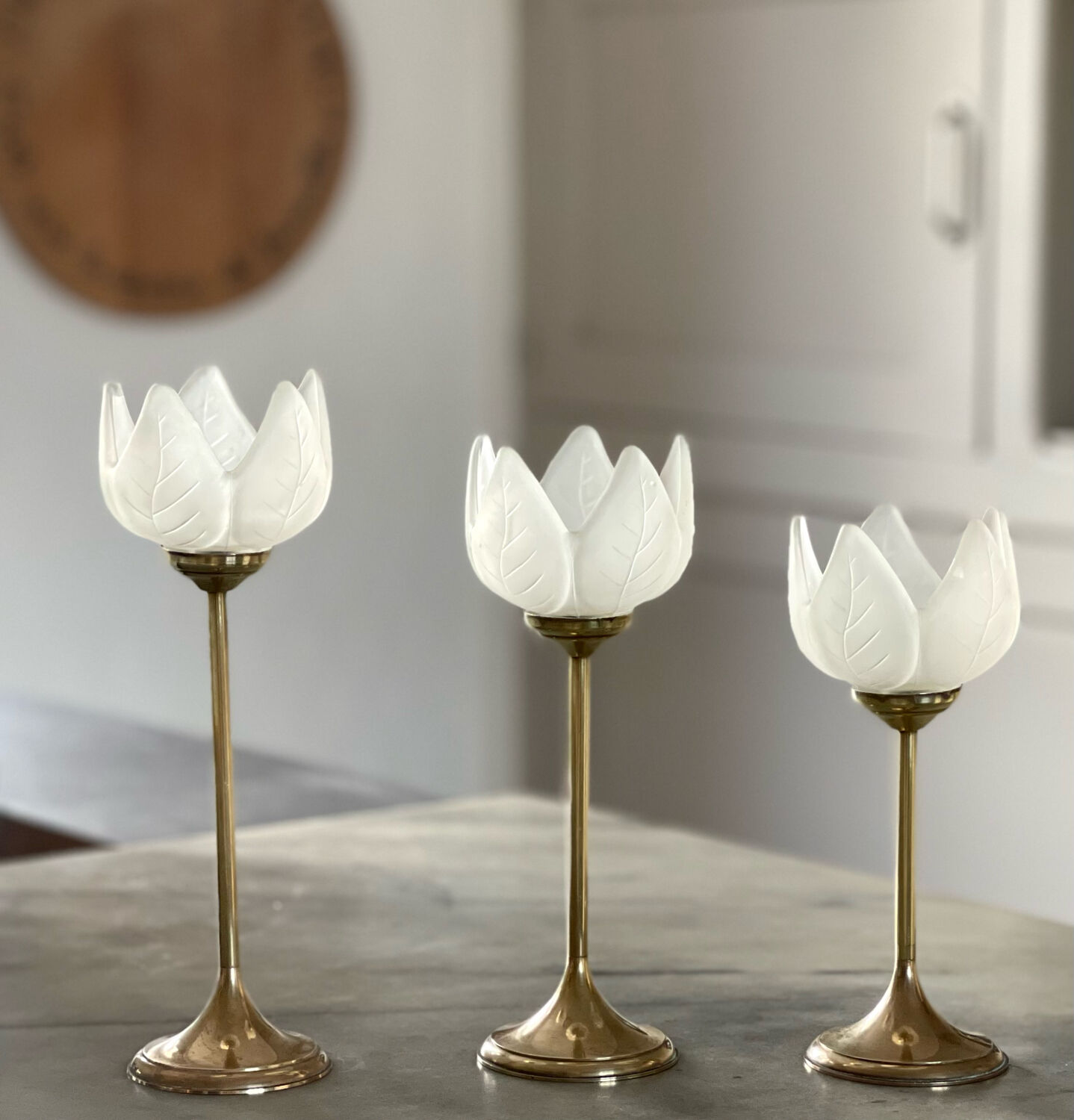 3 glass and brass candle holders