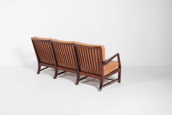 Canapé 3 places moderne danois du milieu du siècle avec coussins en cuir cognac