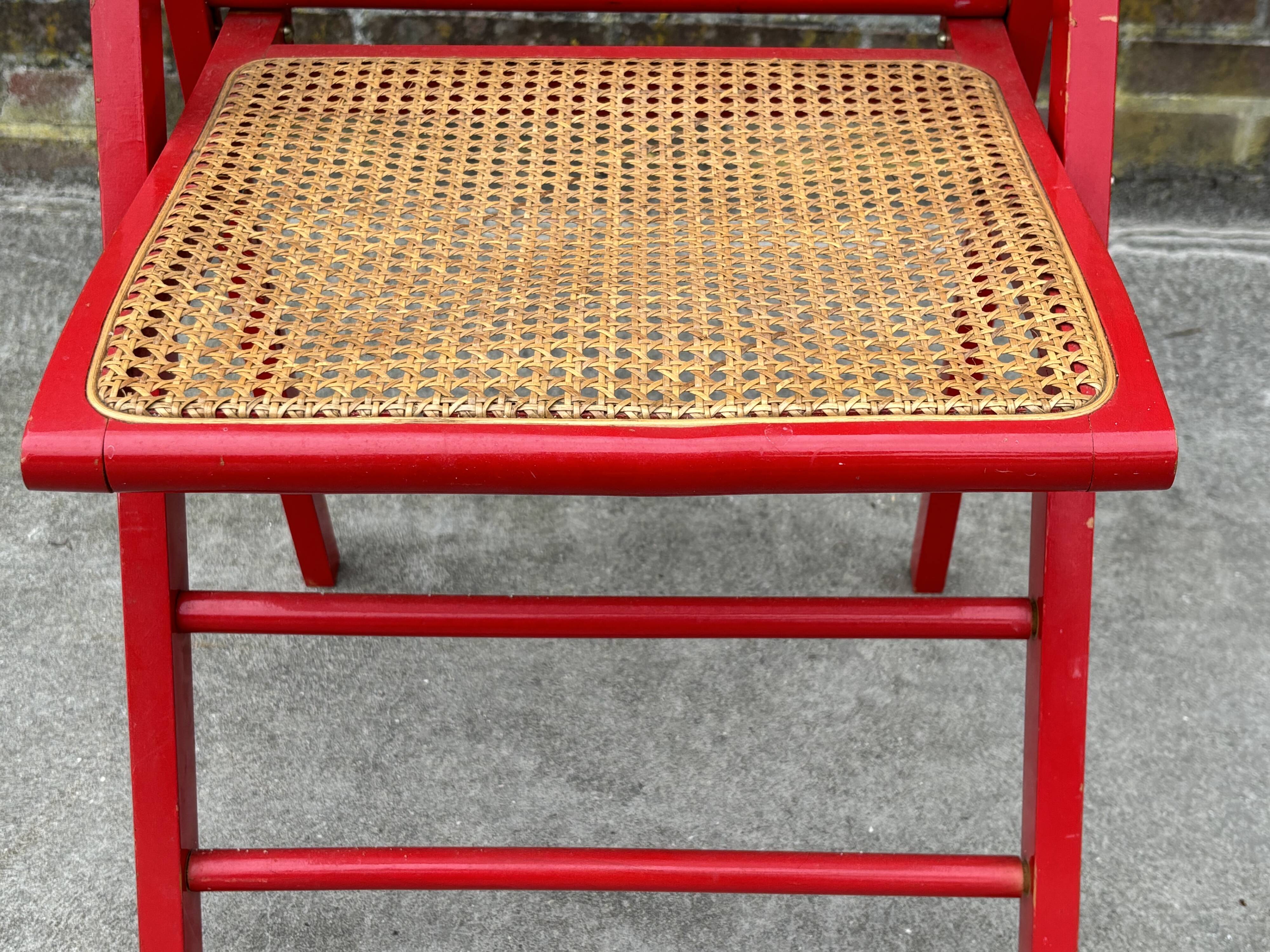 Vintage  Mid-Century Woven Cane Folding Chair  1960s in red cesca style