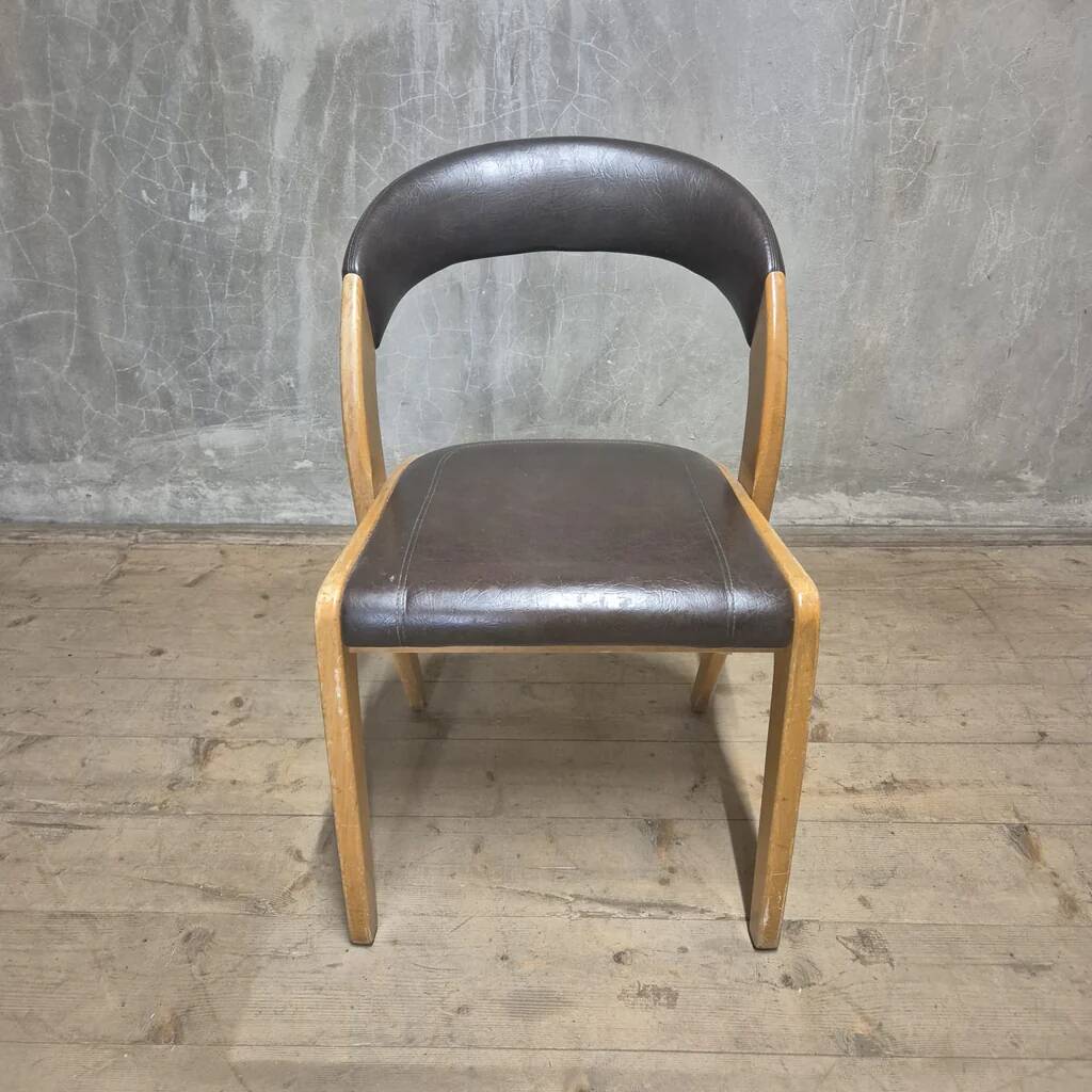 Vintage Curved-Back Dining Chair, Wood & Leatherette, Czechoslovakia, 1970s