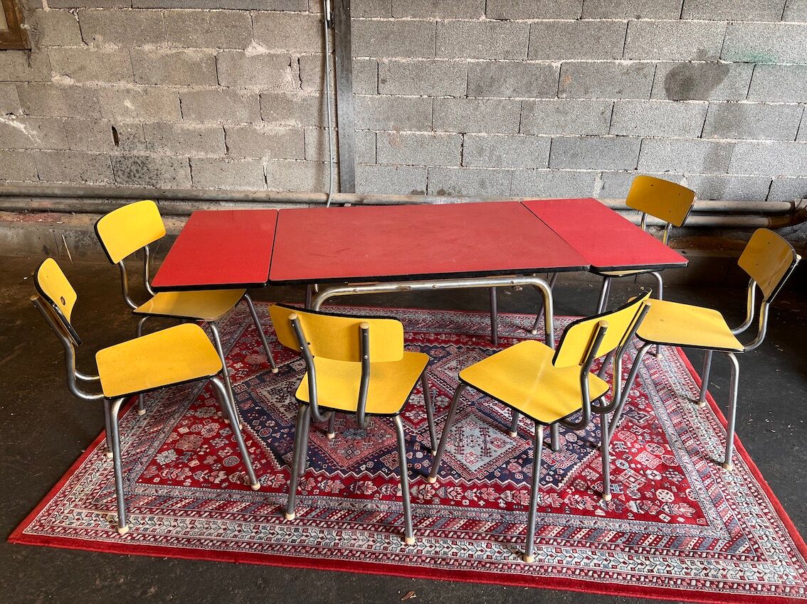 Red table set and 6 vintage yellow formica chairs