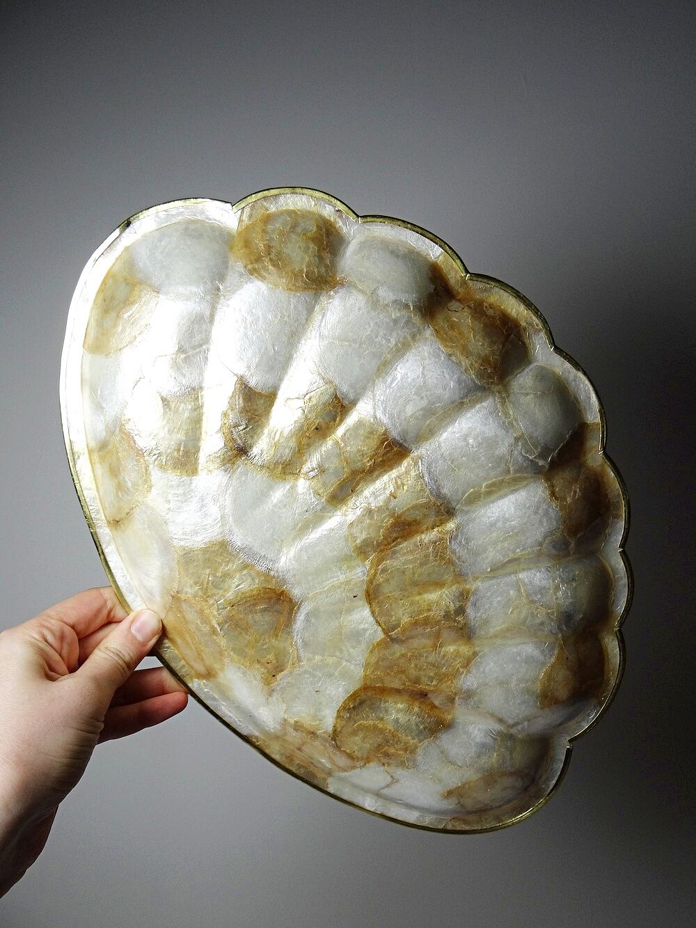 Large platter or shell-shaped catchall in capiz mother-of-pearl and vintage brass.