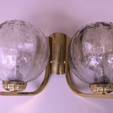 Mid century pair of brass and glass double wall lights, 1970s