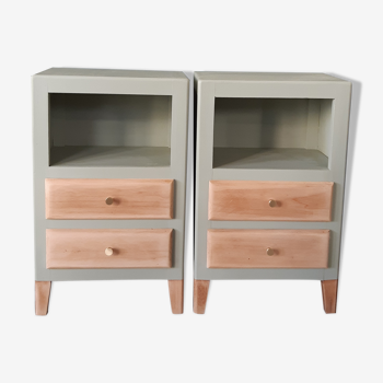 Pair of vintage green bedside tables and raw wood