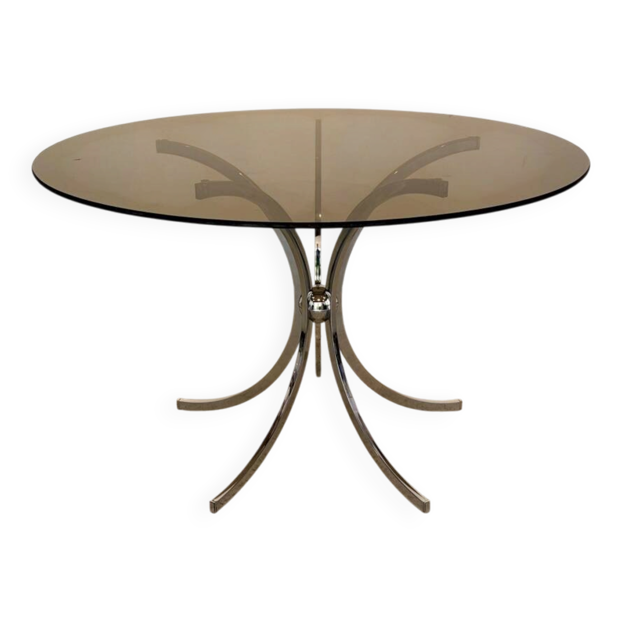 Table ronde vintage années 70 – verre fumé & piètement chrome –