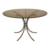 Table ronde vintage années 70 – verre fumé & piètement chrome –